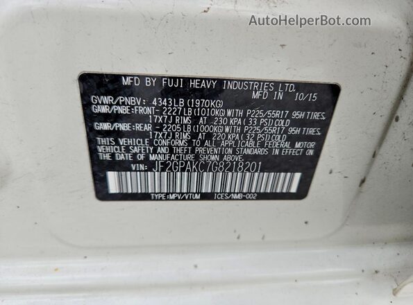 JF2GPAKC7G8218201 2016 SUBARU CROSSTREK White სალონის 360-გრადუსიანი ხედი