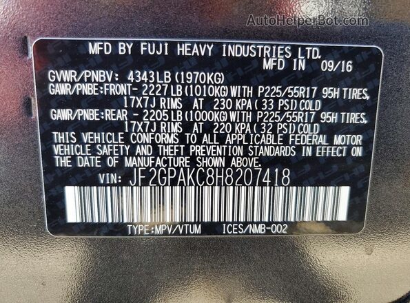 JF2GPAKC8H8207418 2017 SUBARU CROSSTREK Charcoal Вид наклейки з VIN-кодом