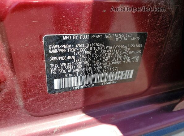 JF2GPAKC9GH321071 2016 SUBARU CROSSTREK Burgundy Vista del compartimento del motor