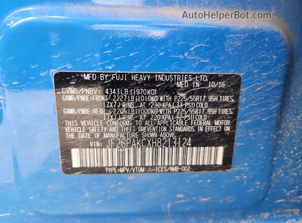 JF2GPAKCXH8213124 2017 SUBARU CROSSTREK Blue Vista del compartimento del motor