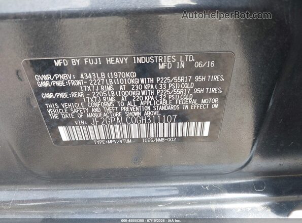 JF2GPALC0GH311107 2016 SUBARU CROSSTREK Gray Vista del compartimento del motor