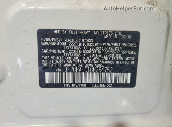 JF2GPALC1GH264752 2016 SUBARU CROSSTREK White Вид підкапотного простору