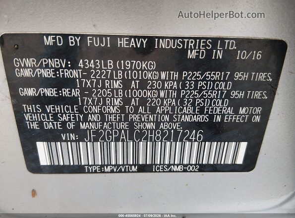 JF2GPALC2H8217246 2017 SUBARU CROSSTREK Silver ძრავის განყოფილების ხედი