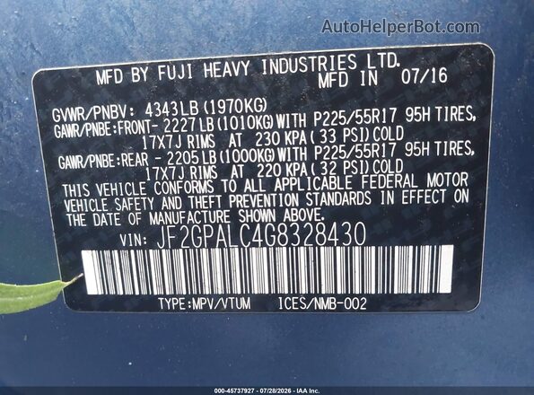 JF2GPALC4G8328430 2016 SUBARU CROSSTREK Blue Engine compartment view