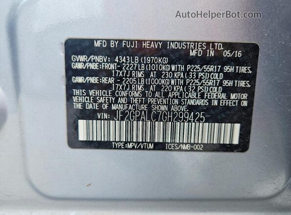 JF2GPALC7GH299425 2016 SUBARU CROSSTREK Silver Vista de la etiqueta del VIN