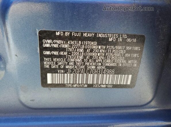 JF2GPALC7GH314988 2016 SUBARU CROSSTREK Blue Vista del compartimento del motor