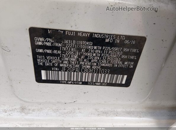 JF2GPALC8GH311033 2016 SUBARU CROSSTREK White Вид підкапотного простору