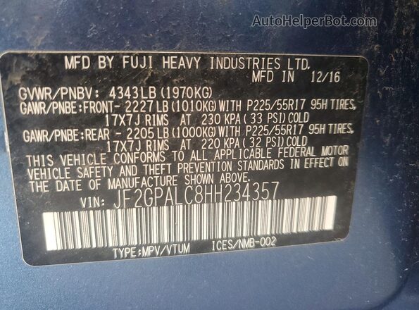 JF2GPALC8HH234357 2017 SUBARU CROSSTREK Синий Панорамный вид салона 360°