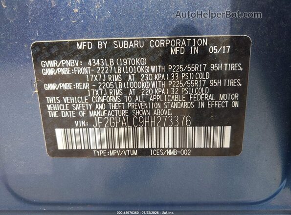 JF2GPALC9HH273376 2017 SUBARU CROSSTREK Blue Vista del compartimento del motor