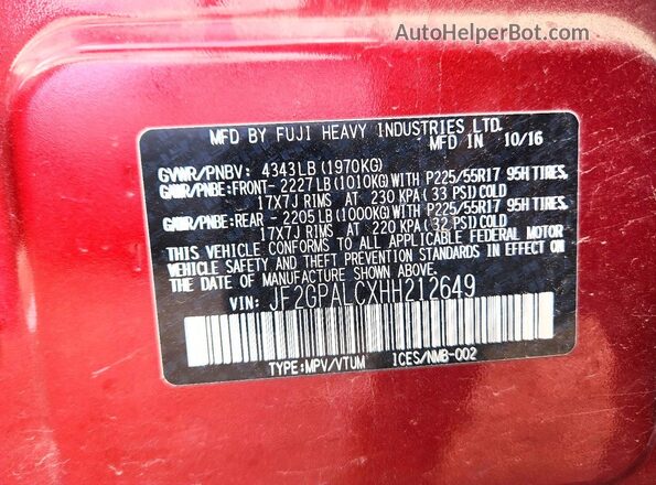 JF2GPALCXHH212649 2017 SUBARU CROSSTREK Maroon Engine compartment view