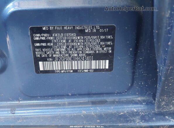 JF2GPANC1HH243401 2017 SUBARU CROSSTREK Blue ძრავის განყოფილების ხედი