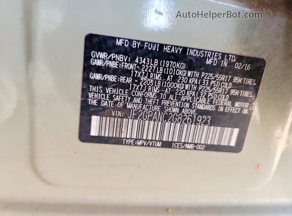 JF2GPANC2G8261923 2016 SUBARU CROSSTREK Beige VIN sticker view