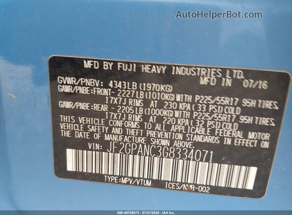 JF2GPANC3G8334071 2016 SUBARU CROSSTREK Blue Շարժիչի բաժամունքի տեսք
