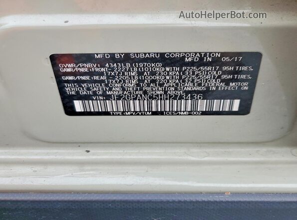 JF2GPANC5HH273436 2017 SUBARU CROSSTREK Beige VIN sticker view