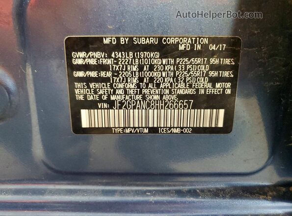 JF2GPANC8HH266657 2017 SUBARU CROSSTREK Синий Вид наклейки с VIN-кодом