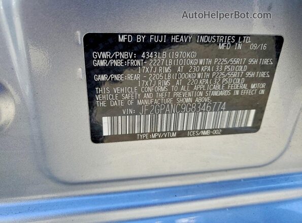 JF2GPANC9G8346774 2016 SUBARU CROSSTREK Серебряный Панорамный вид салона 360°