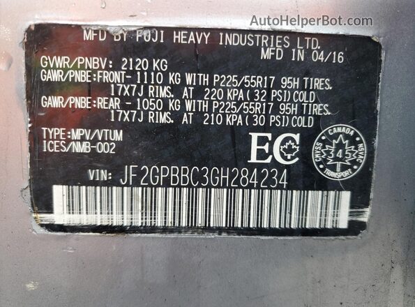 JF2GPBBC3GH284234 2016 SUBARU CROSSTREK Gray VIN კოდის სტიკერის ხედი