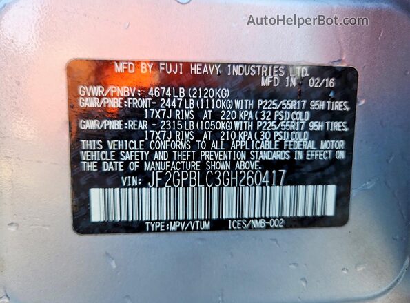 JF2GPBLC3GH260417 2016 SUBARU CROSSTREK Silver Widok naklejki z numerem VIN
