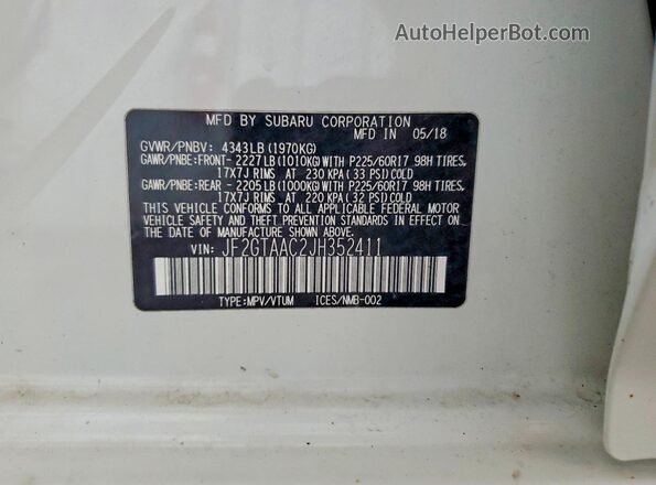 JF2GTAAC2JH352411 2018 SUBARU CROSSTREK White Vista de la etiqueta del VIN