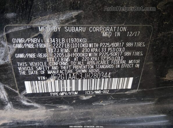 JF2GTAAC3JH280344 2018 SUBARU CROSSTREK Black Engine compartment view