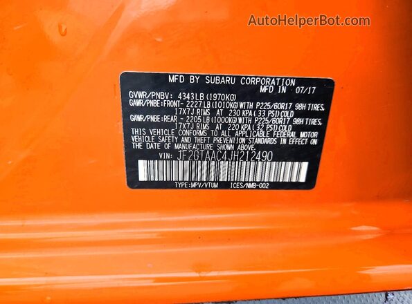 JF2GTAAC4JH212490 2018 SUBARU CROSSTREK Orange Սալոնի 360 աստիճան տեսք