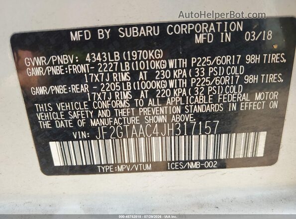JF2GTAAC4JH317157 2018 SUBARU CROSSTREK White Vista del compartimento del motor