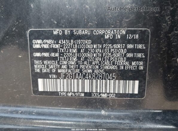 JF2GTAAC4K8287045 2019 SUBARU CROSSTREK Black Вид підкапотного простору