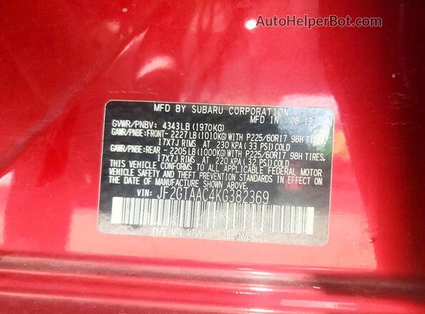 JF2GTAAC4KG382369 2019 SUBARU CROSSTREK Maroon Սալոնի 360 աստիճան տեսք