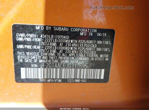 JF2GTAAC6JG331695 2018 SUBARU CROSSTREK Orange Vista del compartimento del motor