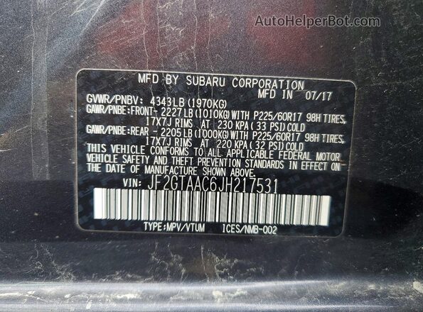 JF2GTAAC6JH217531 2018 SUBARU CROSSTREK Серый Вид наклейки с VIN-кодом