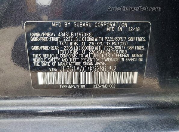 JF2GTAAC7K9286952 2019 SUBARU CROSSTREK Gray VIN sticker view