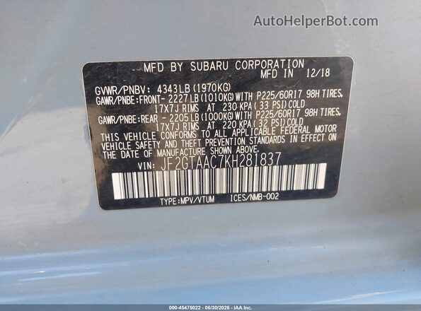 JF2GTAAC7KH281837 2019 SUBARU CROSSTREK Blue ძრავის განყოფილების ხედი