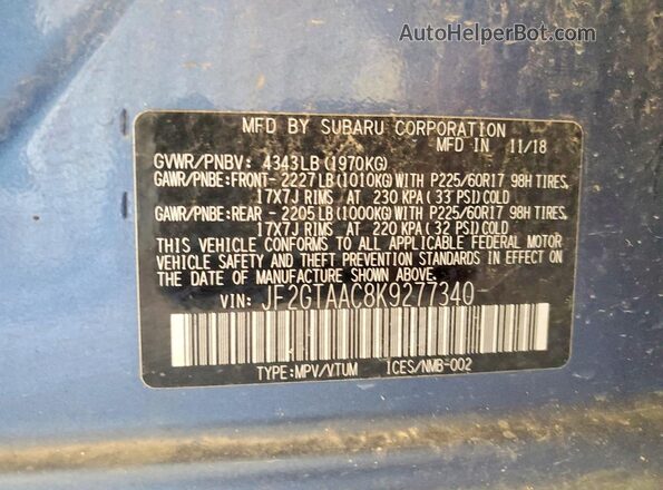 JF2GTAAC8K9277340 2019 SUBARU CROSSTREK Blue VIN კოდის სტიკერის ხედი
