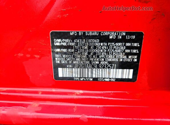 JF2GTAAC9L9232571 2020 SUBARU CROSSTREK Red Vista de la etiqueta del VIN