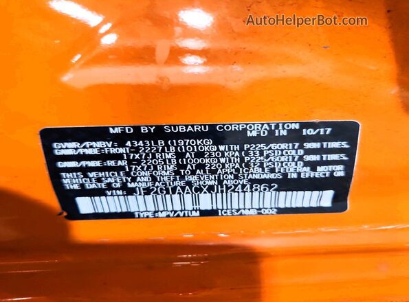 JF2GTAACXJH244862 2018 SUBARU CROSSTREK Orange სალონის 360-გრადუსიანი ხედი
