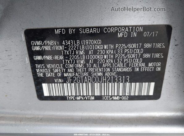 JF2GTABC0JH213313 2018 SUBARU CROSSTREK Silver Vista del compartimento del motor