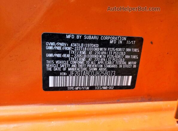 JF2GTABC0JH258073 2018 SUBARU CROSSTREK Orange Vista de la etiqueta del VIN