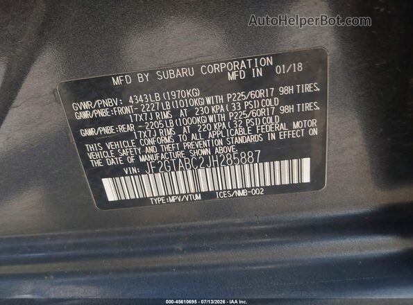 JF2GTABC2JH285887 2018 SUBARU CROSSTREK Black Շարժիչի բաժամունքի տեսք