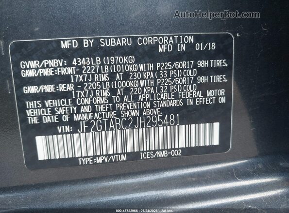 JF2GTABC2JH295481 2018 SUBARU CROSSTREK Gray Engine compartment view