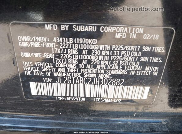 JF2GTABC2JH302882 2018 SUBARU CROSSTREK Black ძრავის განყოფილების ხედი