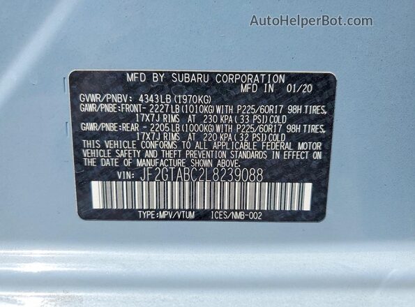 JF2GTABC2L8239088 2020 SUBARU CROSSTREK Синий Вид наклейки с VIN-кодом