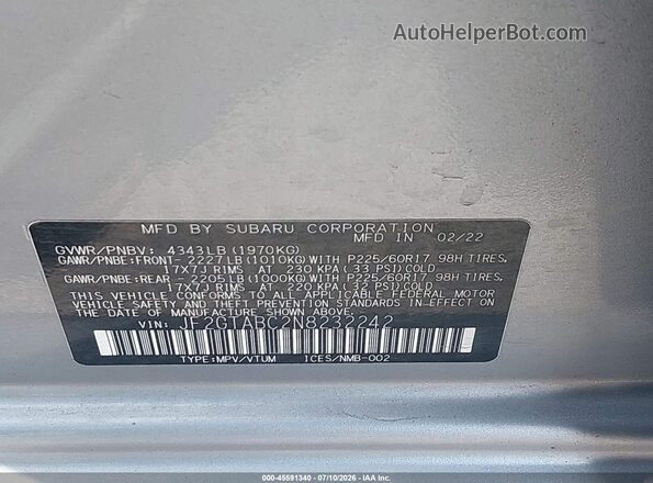 JF2GTABC2N8232242 2022 SUBARU CROSSTREK Silver Widok komory silnika