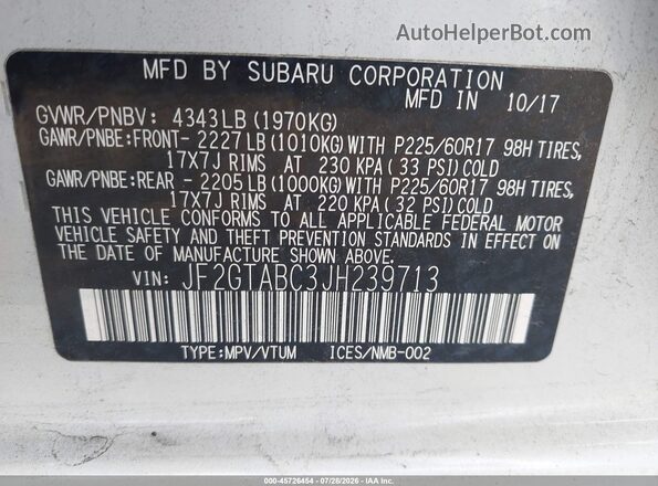 JF2GTABC3JH239713 2018 SUBARU CROSSTREK White Вид підкапотного простору
