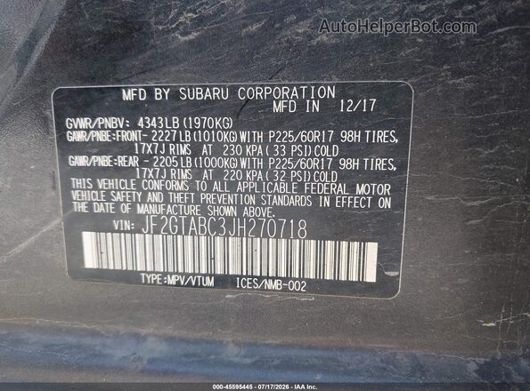 JF2GTABC3JH270718 2018 SUBARU CROSSTREK Gray ძრავის განყოფილების ხედი