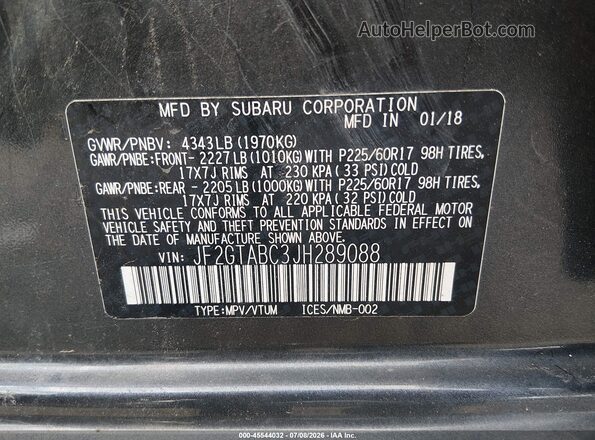 JF2GTABC3JH289088 2018 SUBARU CROSSTREK Pewter Вид подкапотного пространства