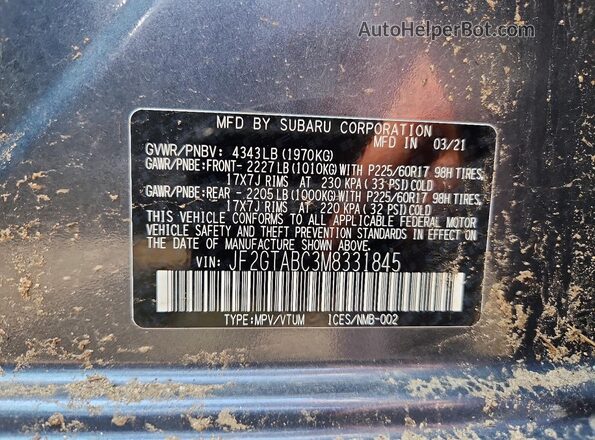JF2GTABC3M8331845 2021 SUBARU CROSSTREK Gray VIN კოდის სტიკერის ხედი
