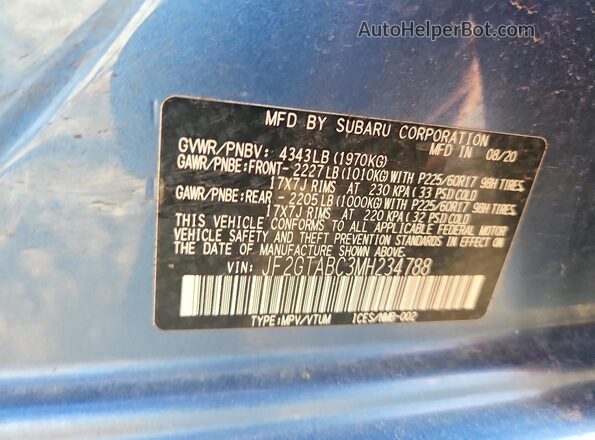 JF2GTABC3MH234788 2021 SUBARU CROSSTREK Blue Вид підкапотного простору