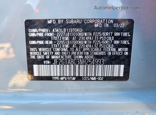 JF2GTABC3NH254993 2022 SUBARU CROSSTREK Blue ძრავის განყოფილების ხედი