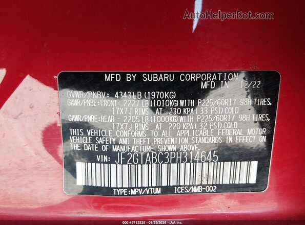 JF2GTABC3PH314645 2023 SUBARU CROSSTREK Red Вид підкапотного простору
