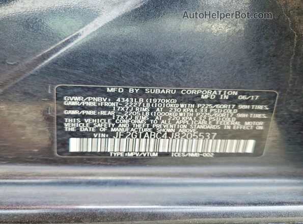 JF2GTABC4J8205537 2018 SUBARU CROSSTREK Угольный Вид наклейки с VIN-кодом